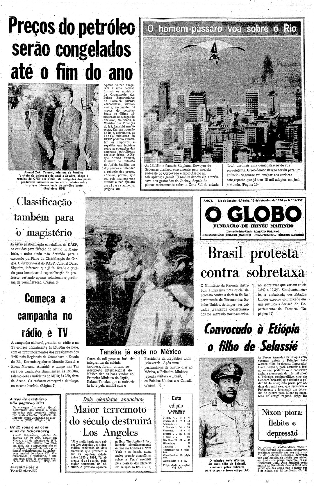O Homem-pássaro voa sobre o Rio. Matéria do Jornal O Globo de 1974